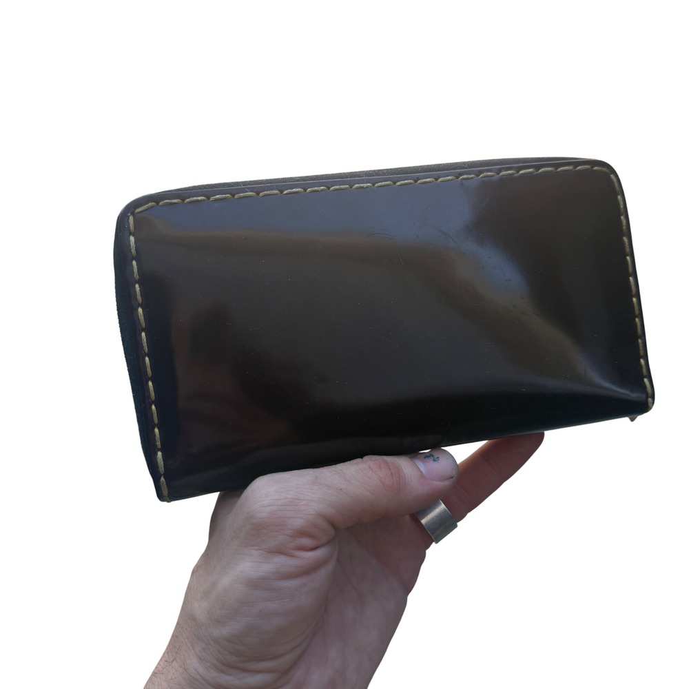 Celine Paris Large Zip Wallet Dark Brown Patent Leather Contrast Stitching